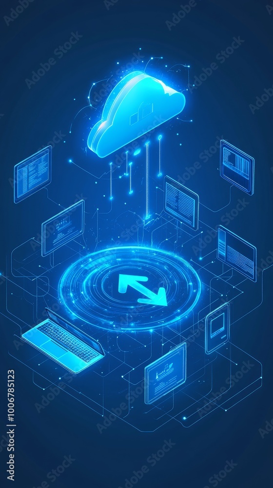 Poster a digital ecosystem depicting cloud computing and data networking, intertwined with various tech ele