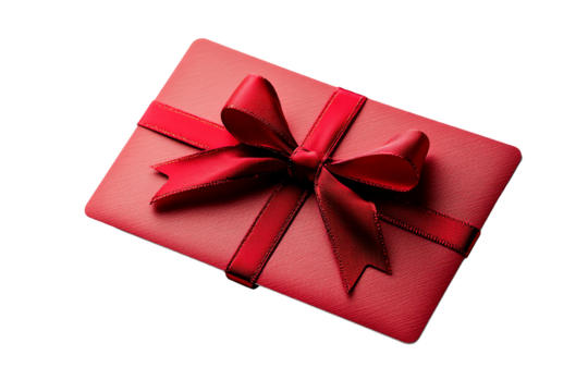 Elegant red gift card with a bow, isolated on white background. transparent background