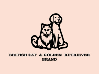 British Cat and Golden Retriever Vector Logo, Long-haired British Cat and Golden Retriever Playing Ball in the Park