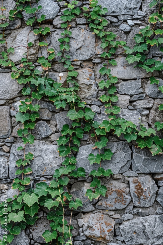 Poster A stone wall overgrown with lush green plants and foliage