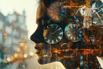 A woman with multiple clocks as facial piercings