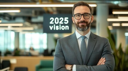 Confident businessman in modern office setting with a vision for 2025.