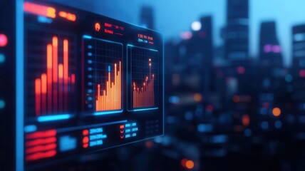Futuristic data analysis interface with glowing graphs in an urban setting.
