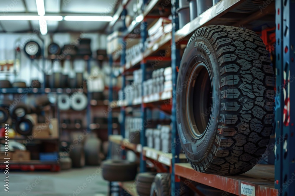 Poster a tire is stored on a shelf in a warehouse