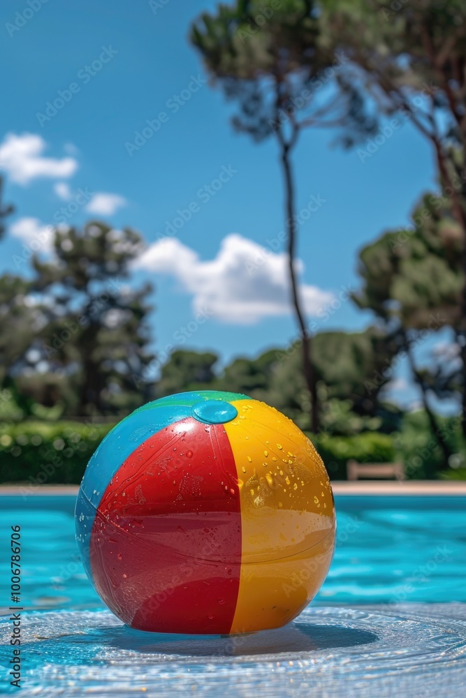 Poster A colorful beach ball sits on the edge of a pool, ready for use or as a decorative element