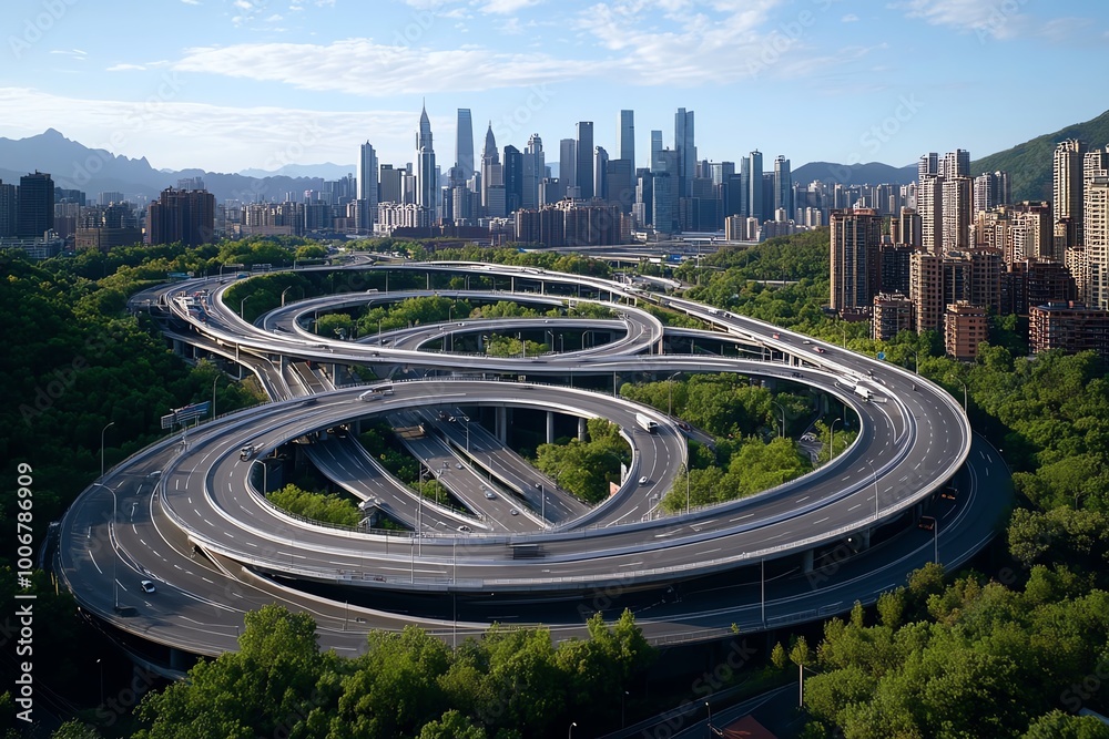 Poster A complex urban interchange where highways cross above and below each other, forming a network of roads connecting different parts of the city.