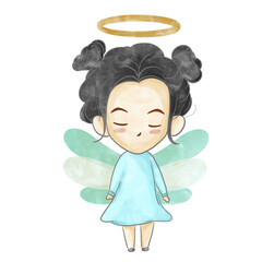 A charming watercolor illustration of a cute fairy with wings in a blue dress. Perfect for holiday decorations, cards, and seasonal prints. Adds a whimsical and magical touch to any festive project.