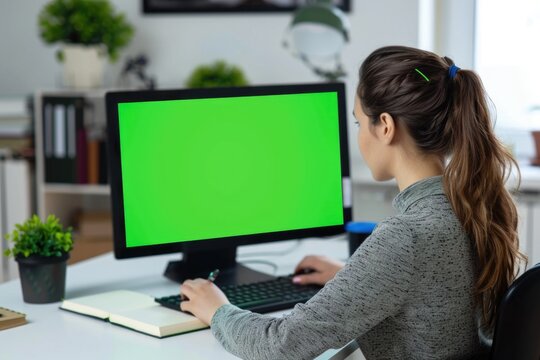 A person sitting in front of a computer with a green screen, suitable for chroma keying or video editing