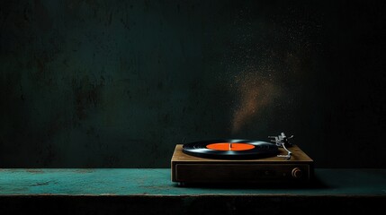 Vintage turntable playing a record on a textured dark background