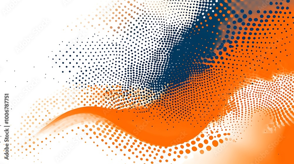 Poster abstract background with orange and blue dots and a flowing orange wave.