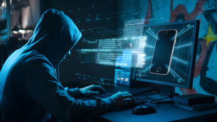 Obraz premium Cinematic Shot of a Dark Room with a Hacker Sitting at a Computer Screen