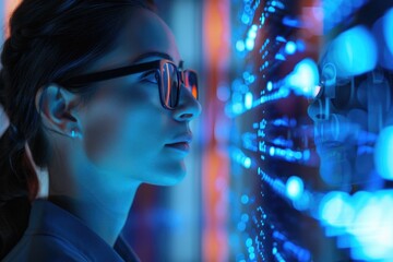 Naklejka premium A person looks at a modern LED lighting display on a wall, perfect for illustration or design concept