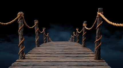 Obraz premium Wooden bridge over misty water, dark background, tranquil scene.