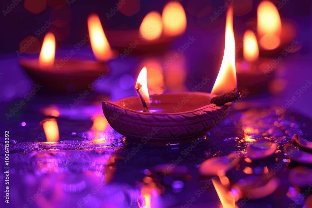 Poster a collection of lit candles placed on a table, ideal for use in scenes involving warm ambiance and c