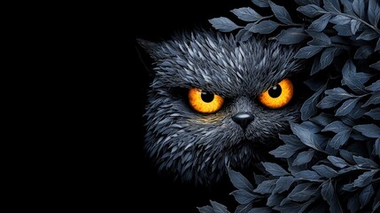 Fototapeta premium A distinctive black cat lurking among dark leaves, evoking mystery and intrigue.