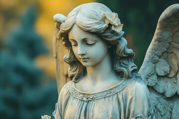 A close-up of a stone angel statue with delicate features and flowing hair. The statue's serene...