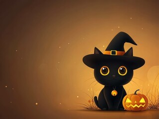 Adorable black cat wearing a witch hat sits beside a cheerful pumpkin, perfect for Halloween themes, this cute illustration captures the playful spirit of the season.