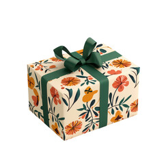 Decorative gift box with floral design and green ribbon, isolated on white background.