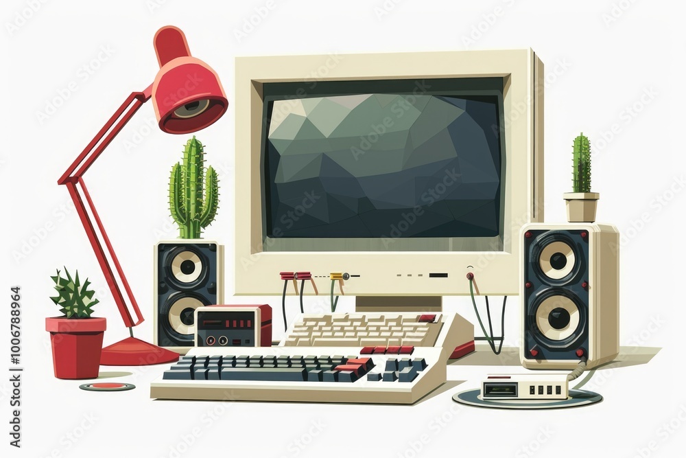 Poster a modern office setup with a computer monitor, keyboard, and speakers alongside a prickly cactus