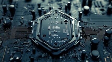 Intricate electronic circuitry patterns on a futuristic microchip motherboard, reflecting technological innovation and complexity.