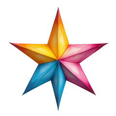 Obraz premium Colorful origami star with vibrant hues of pink, blue, yellow, and orange on a white isolated background.