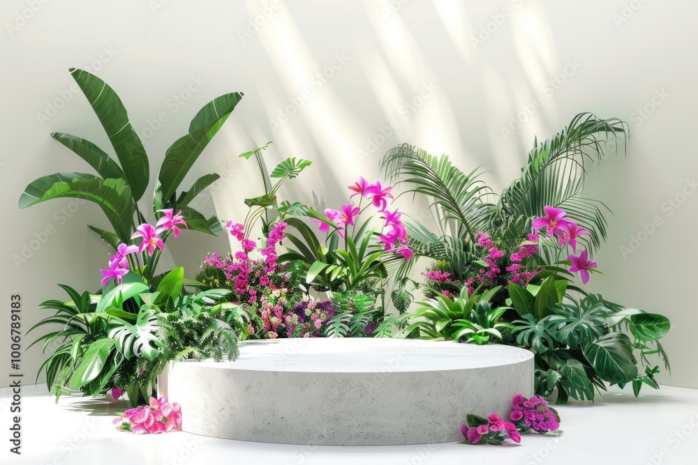 Poster a simple white platform surrounded by lush greenery and colorful flowers, perfect for use in nature-