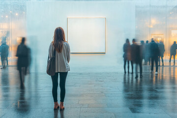 Femme debout devant un tableau blanc dans une galerie d'art