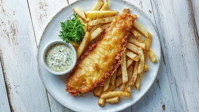 Tasty Fish and Chips with Tartar Sauce on Rustic Plate