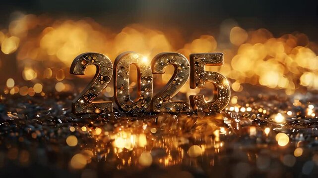 Glowing golden numbers 2025 on an abstract background.