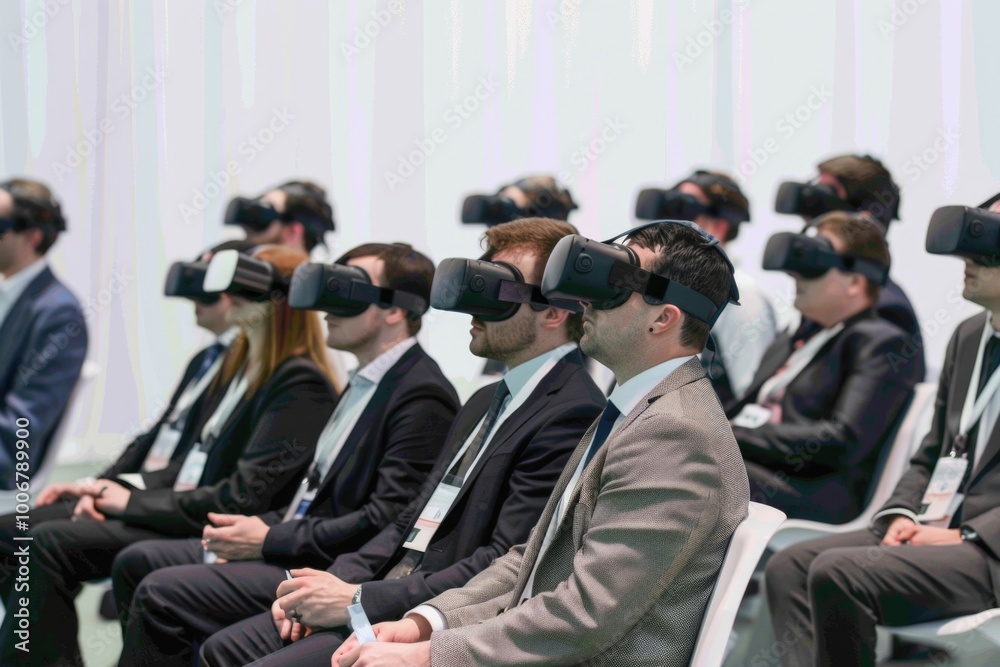 Poster group of people using virtual reality headsets in a modern setting