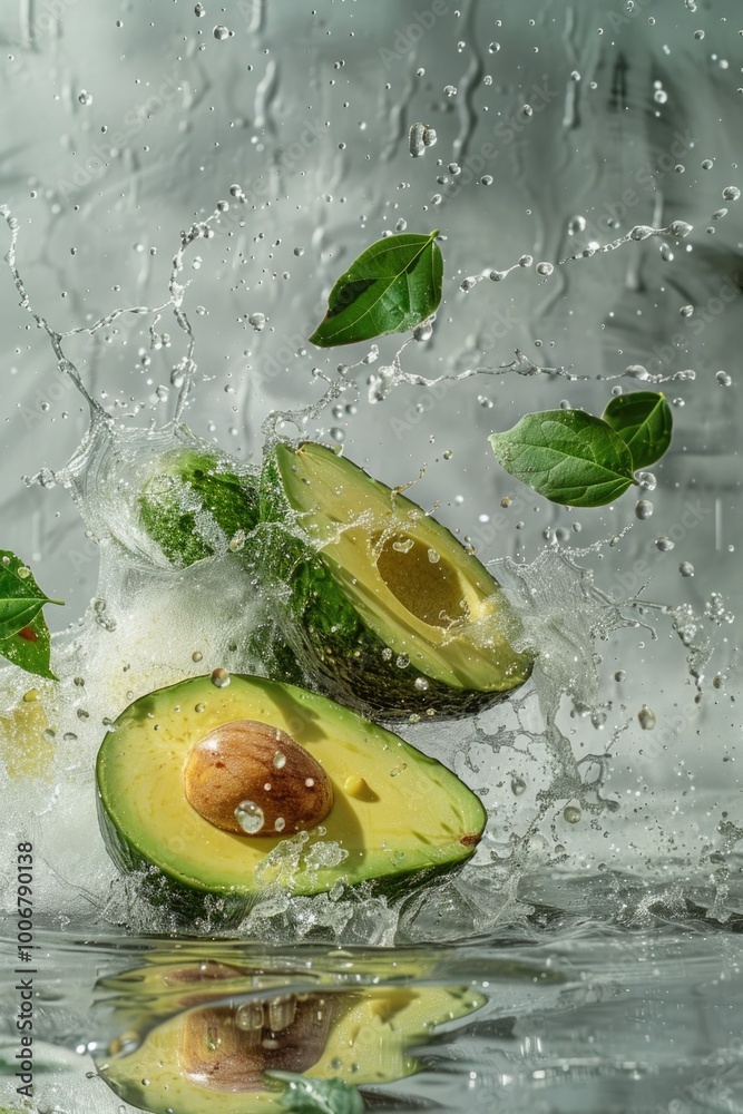 Poster a ripe avocado falls from above into a calm body of water, creating ripples and reflections