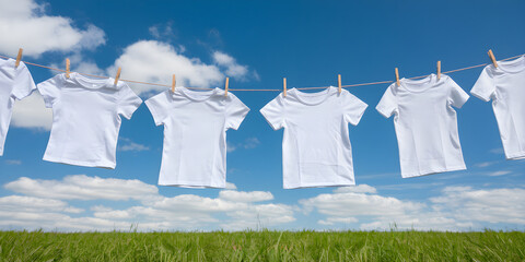 Freshly Washed Clothes Drying on a Line Under a Clear Blue Sky with Fluffy Clouds