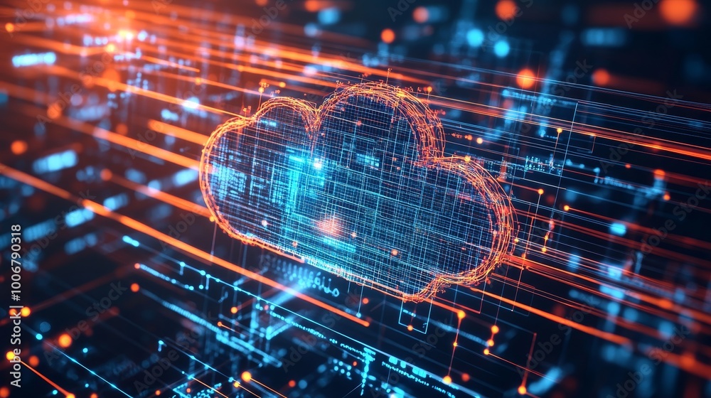 Poster a digital depiction of a cloud within a network grid, symbolizing cloud computing, connectivity, and