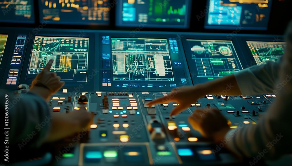 Poster engineers coordinating energy distribution in control center