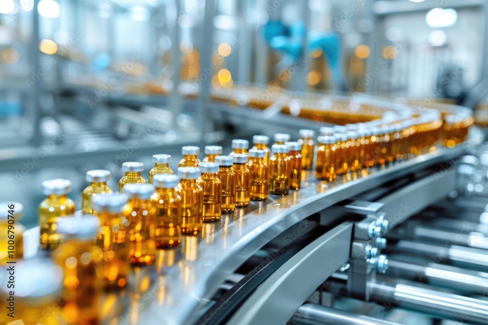 Aufkleber a row of bottles moving along a production line