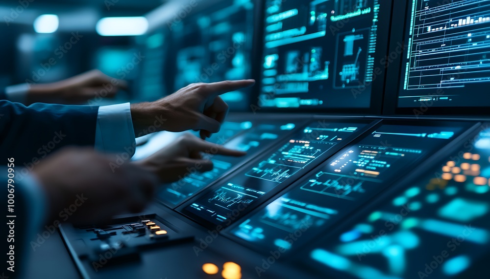 Poster engineers coordinating energy distribution in control center