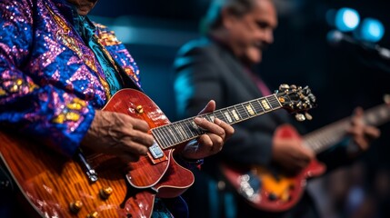 Obraz premium Two musicians dressed in colorful Mexican clothing strum their guitars in perfect harmony, creating a joyful atmosphere at a festive event filled with energy and culture