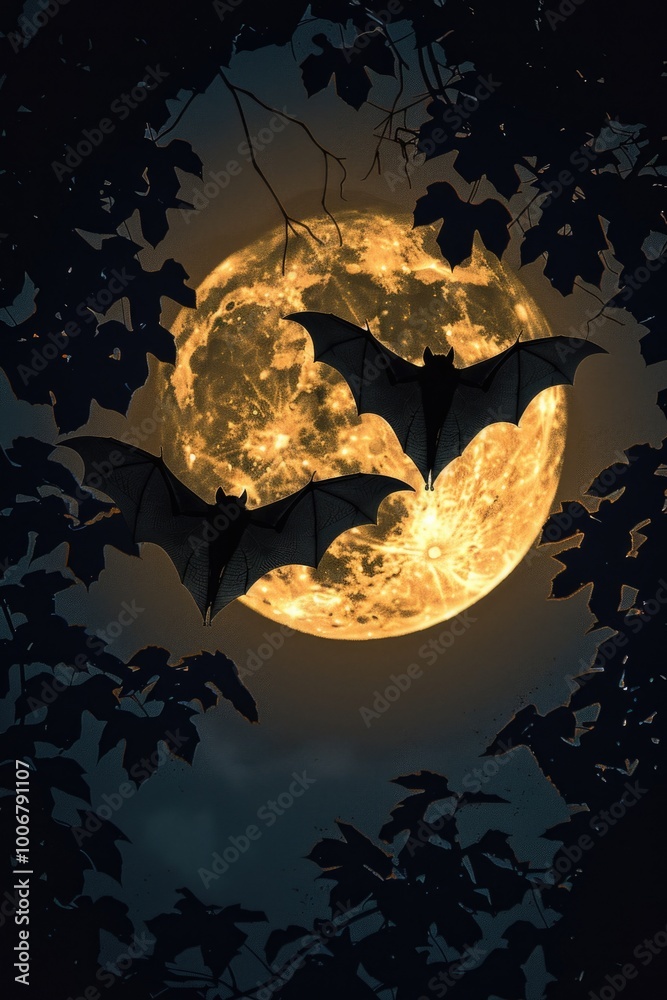 Poster A pair of bats soar through the night air, illuminated by the bright full moon