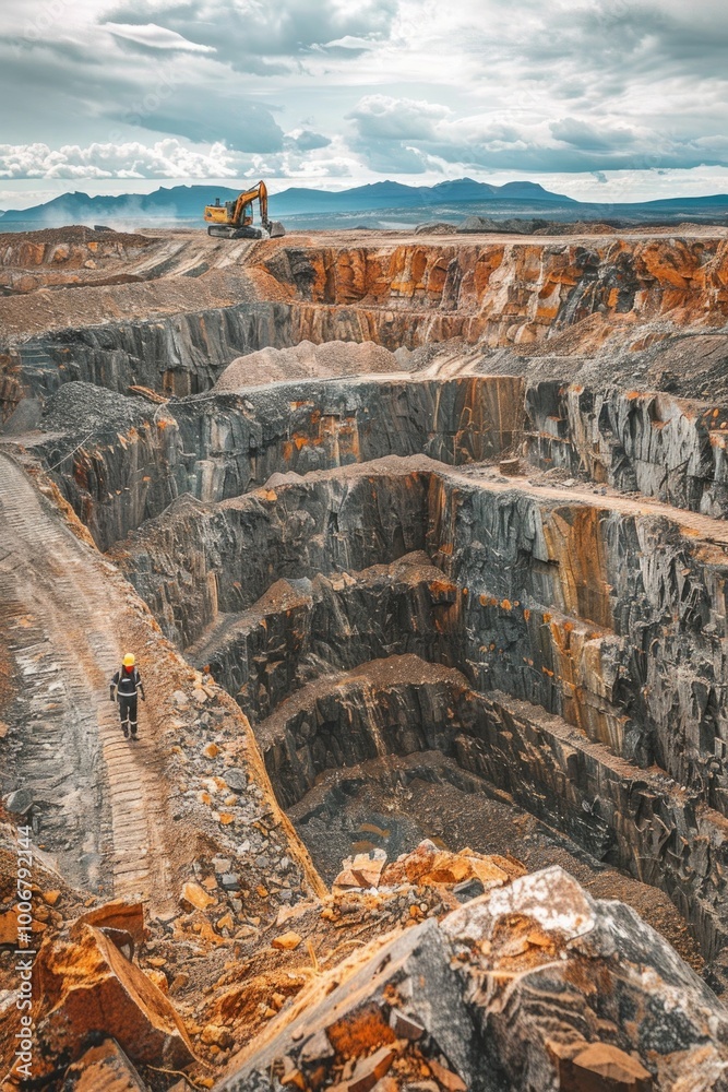 Poster A large open pit filled with lots of dirt, suitable for use in industrial or construction-related contexts