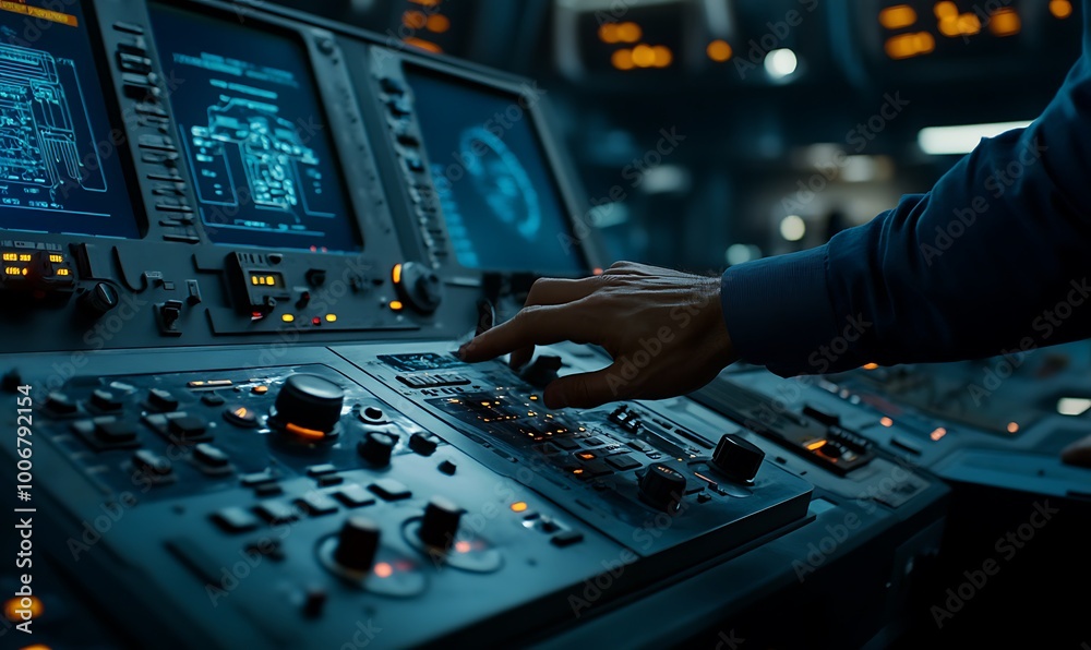 Poster Engineer Adjusting Dial on Control Panel Amidst Energy Stats