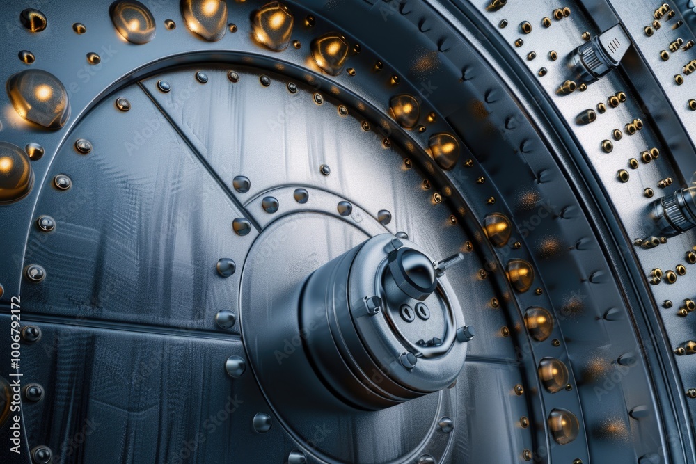 Poster a detailed view of a metal door with visible rivets, suitable for use in industrial or mechanical co
