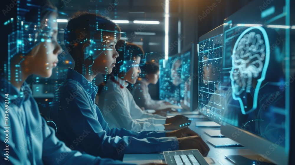 Poster group of people using laptops and desktops