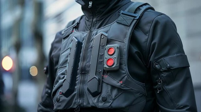 Security guard is standing in an urban environment, wearing a futuristic bulletproof vest equipped with a digital display, ensuring safety and protection