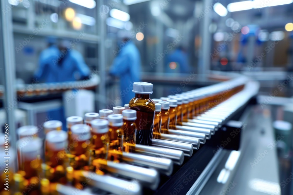 Poster line of glass bottles being transported on a conveyor belt in a modern factory setting