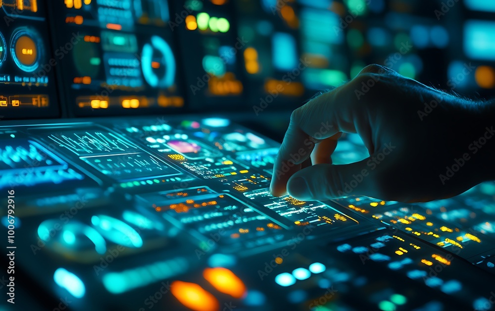 Poster engineer operating touchscreen in energy control center