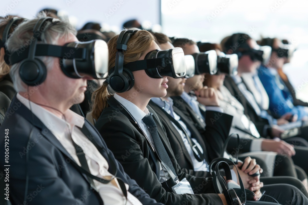 Poster group of people enjoying immersive experiences with virtual reality technology