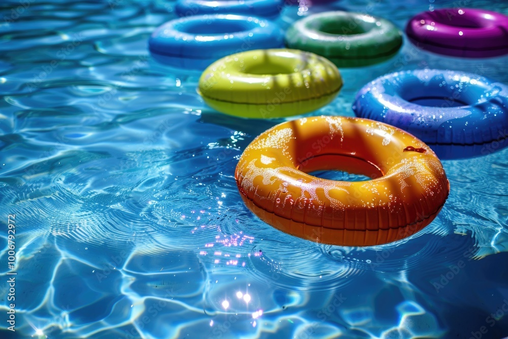 Poster Group of inflatables float on the surface of a swimming pool