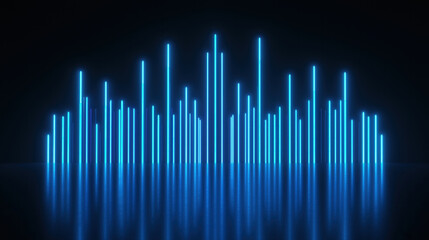 Blue neon glowing equalizer bar on the black background reflected on glance floor, abstract background