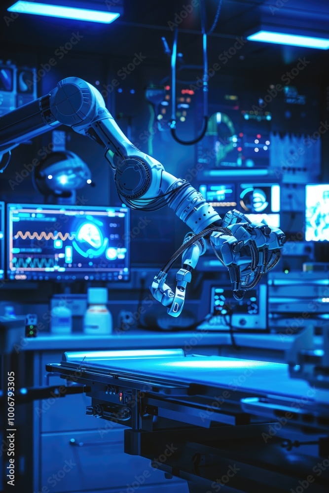 Poster a robotic arm sits on a table in a dimly lit room, awaiting its next task