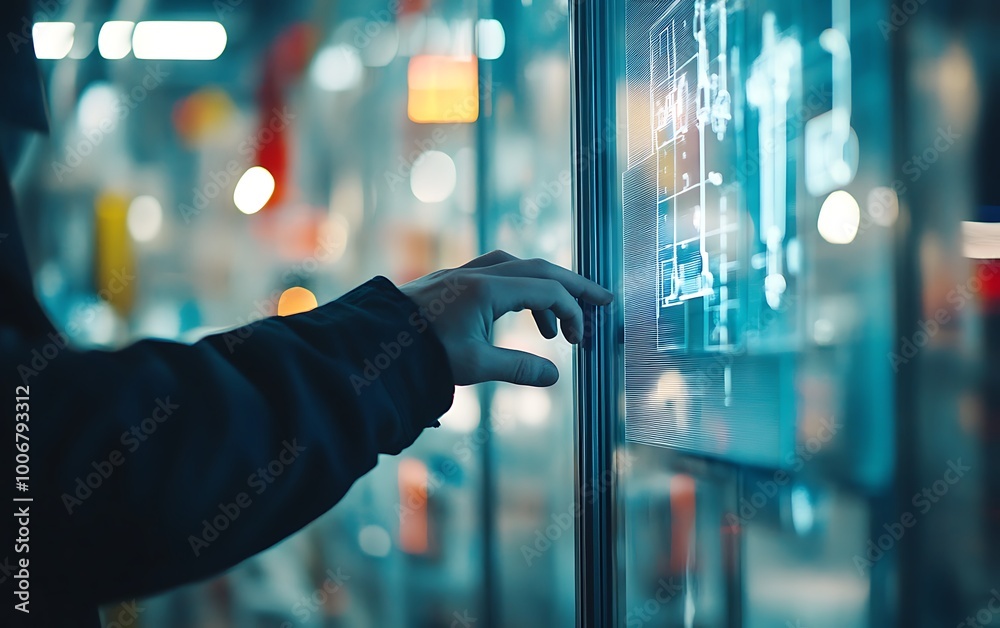 Poster engineer operating touchscreen in energy control center
